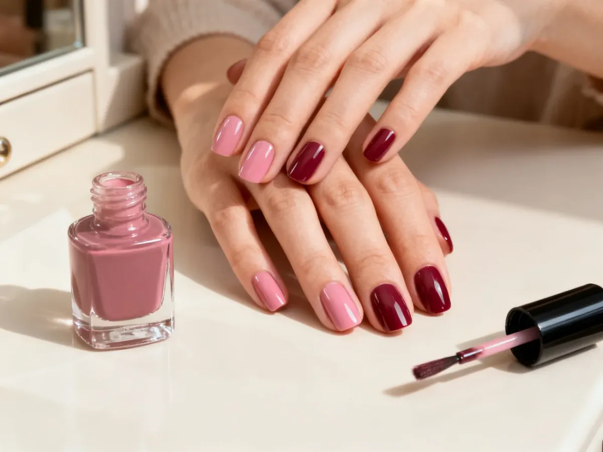 Dłonie z eleganckim manicure winylowym w naturalnym świetle
