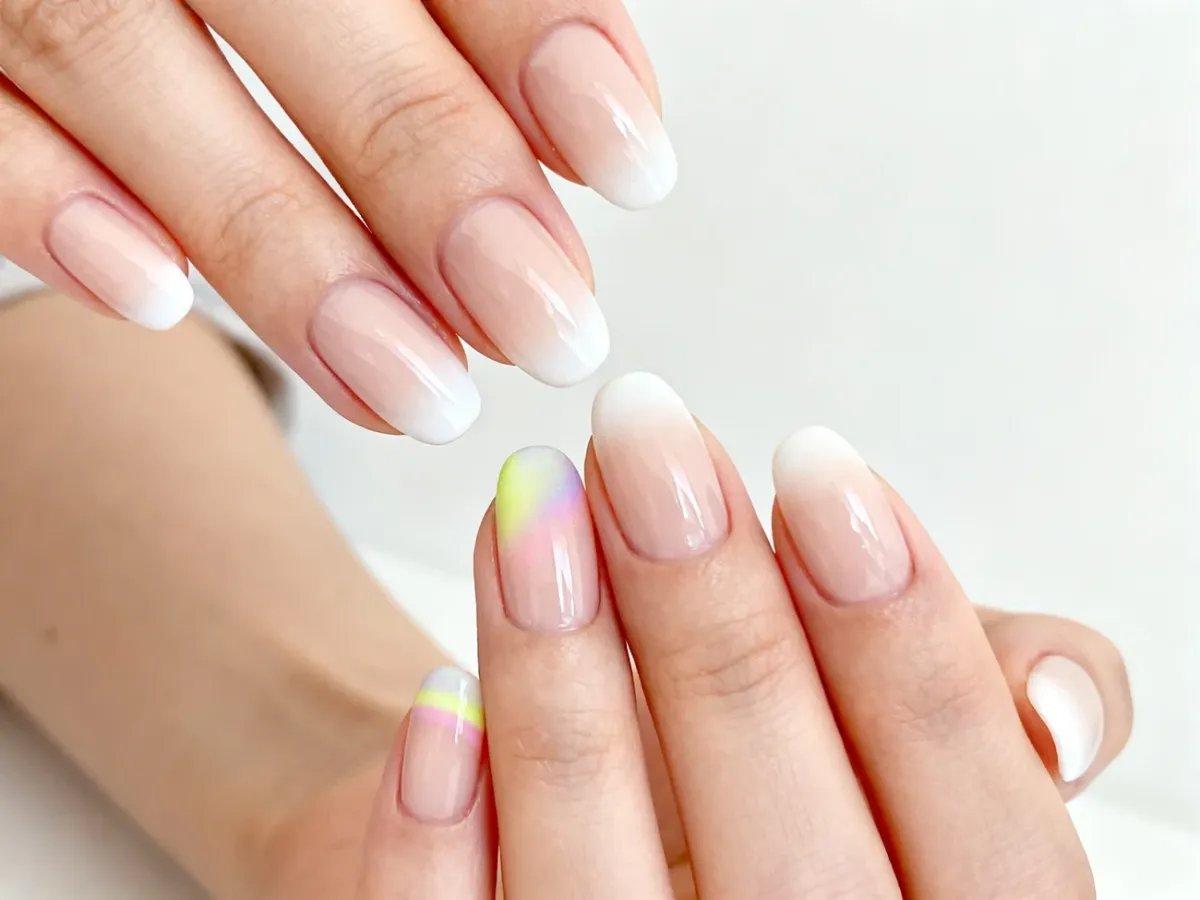 Delikatny manicure Baby Boomer z mleczną bazą i subtelnymi kolorowymi przejściami
