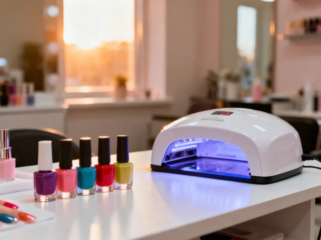 Stanowisko do manicure z lakierami hybrydowymi i lampą UV/LED na białym biurku w profesjonalnym salonie kosmetycznym.