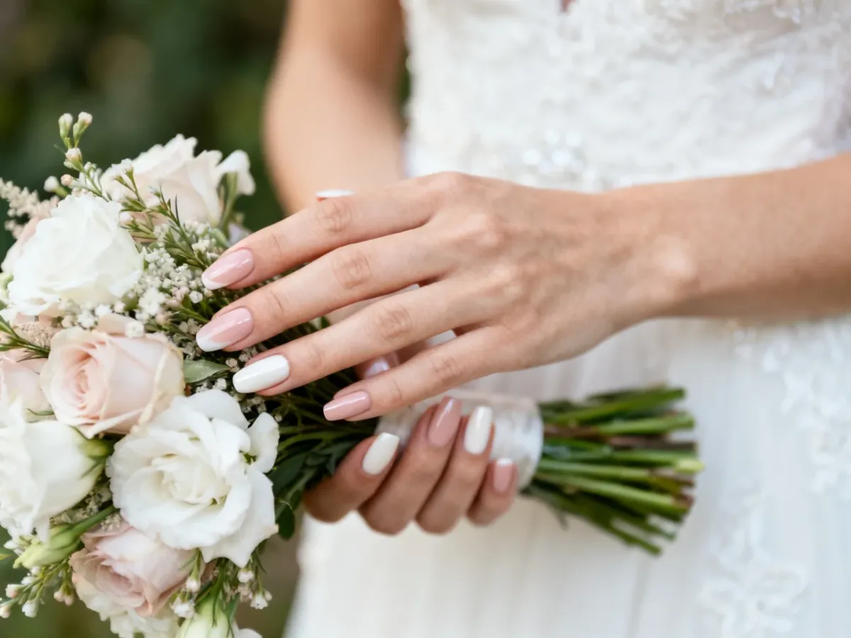 Dłonie panny młodej z delikatnym nude i mlecznobiałym manicure przy bukiecie ślubnym