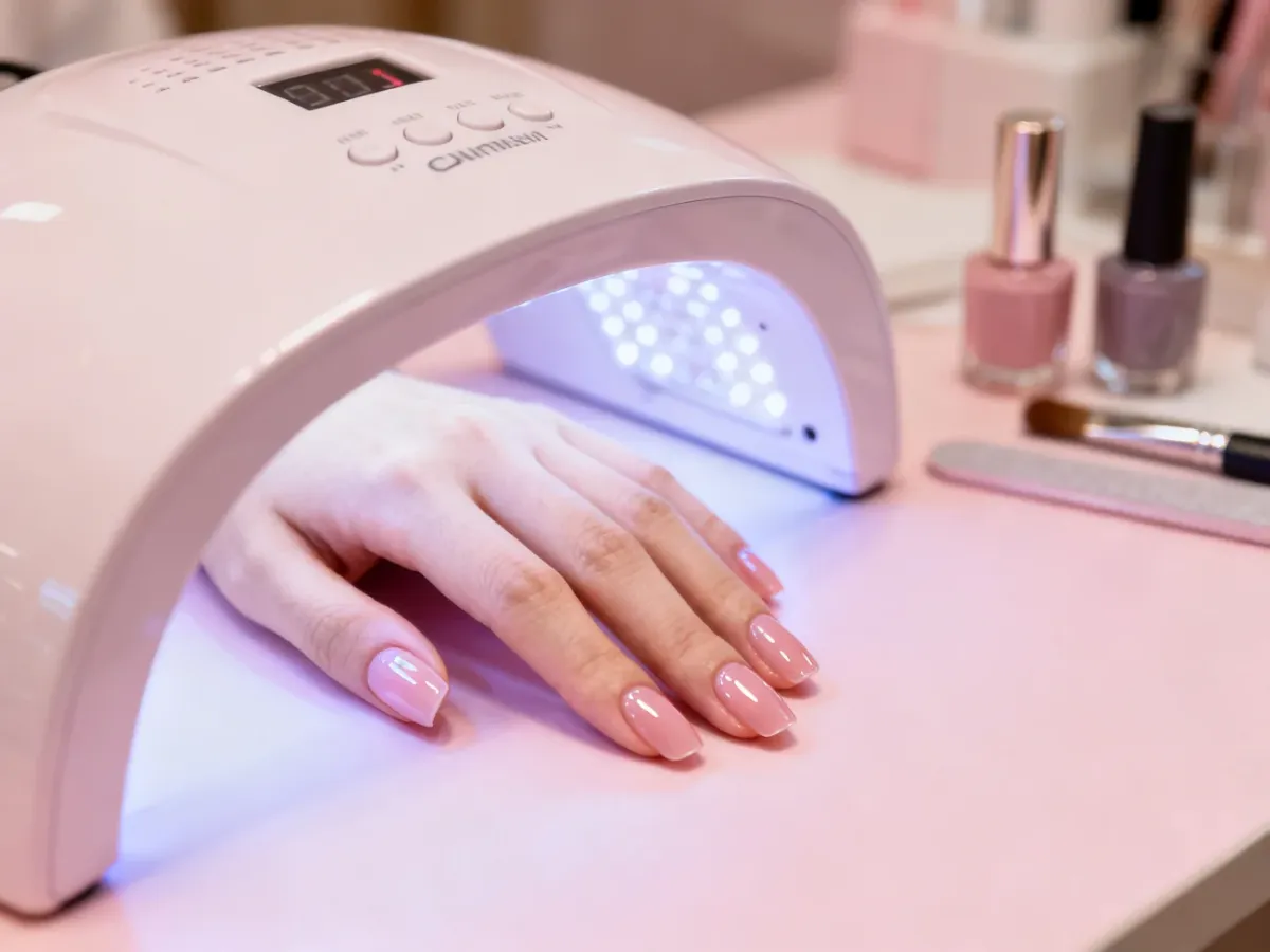 Dłoń z błyszczącym manicure hybrydowym pod lampą UV/LED