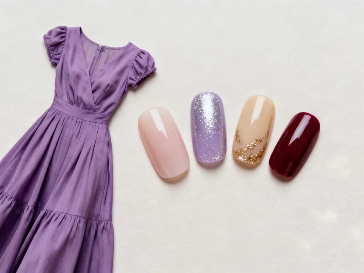 Fioletowa sukienka zestawiona z różnymi kolorami manicure i metalicznymi dodatkami