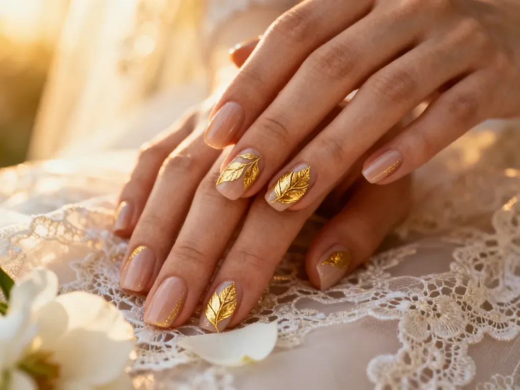 Elegancki manicure w odcieniach nude ze złotymi zdobieniami na tle ślubnej koronki i kwiatów. Idealna inspiracja na wesele.