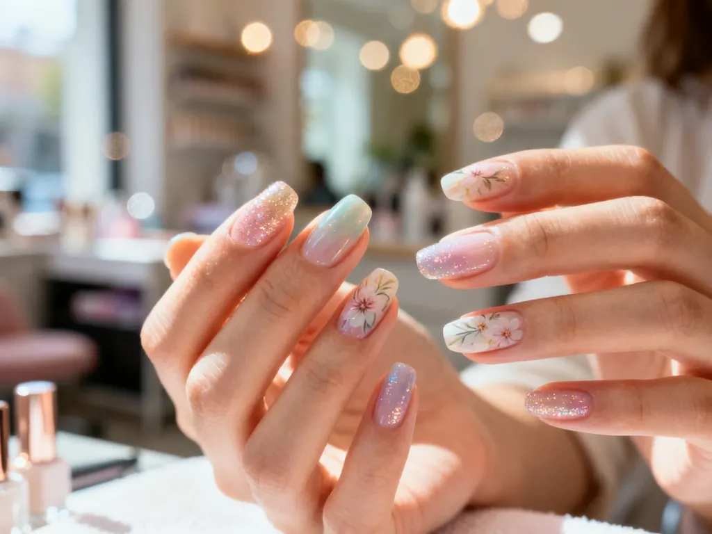 Zadbane dłonie z eleganckim manicure w pastelowych odcieniach, zdobione delikatnym brokatem i subtelnymi kwiatami.