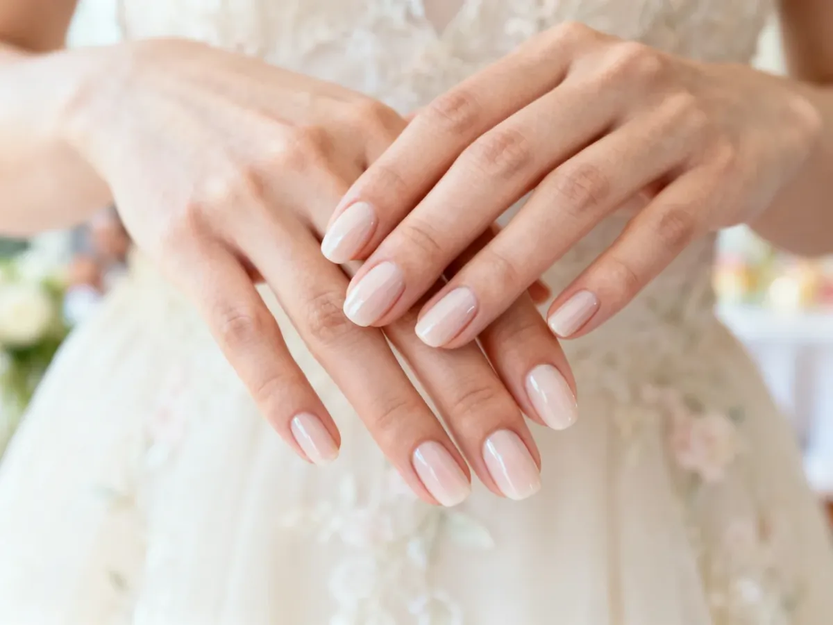 Zadbane dłonie z delikatnym mlecznym manicure na uroczystość komunijną
