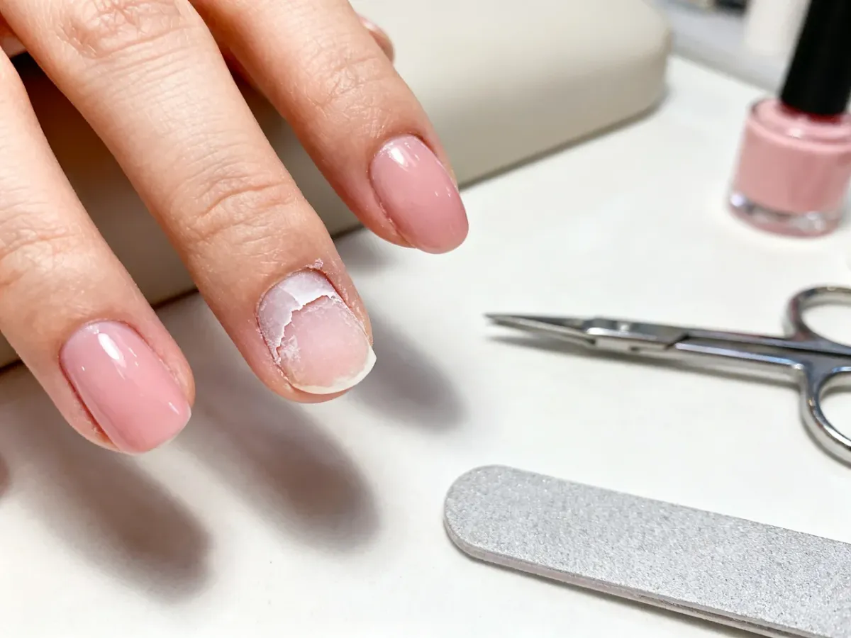 Paznokcie z odpryskującą i odchodzącą hybrydą na stanowisku manicure