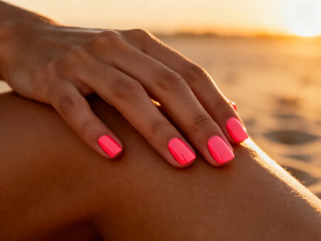 Dłoń z neonowym, koralowym manicure na tle opalonej skóry i piaszczystej plaży w świetle zachodzącego słońca.