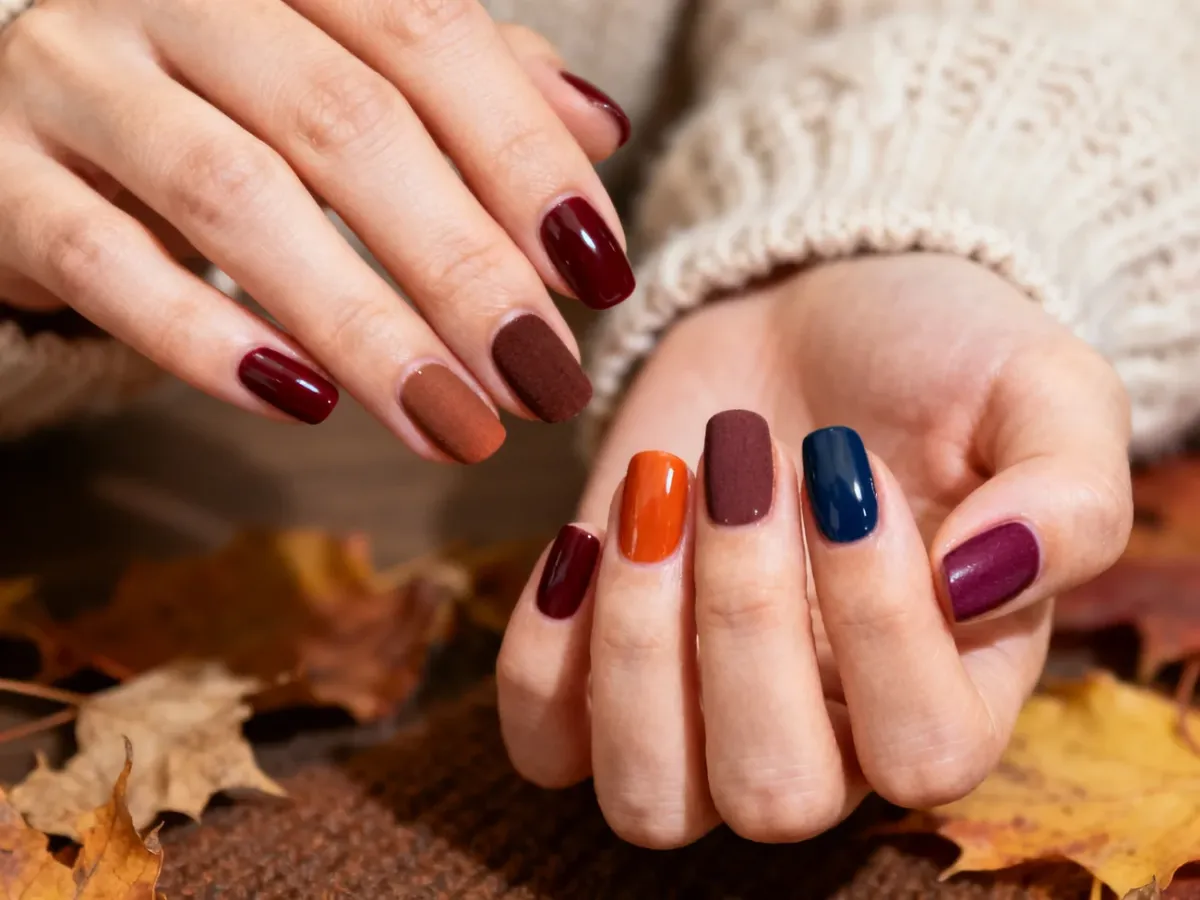 Dłonie z eleganckim jesiennym manicure w głębokich kolorach