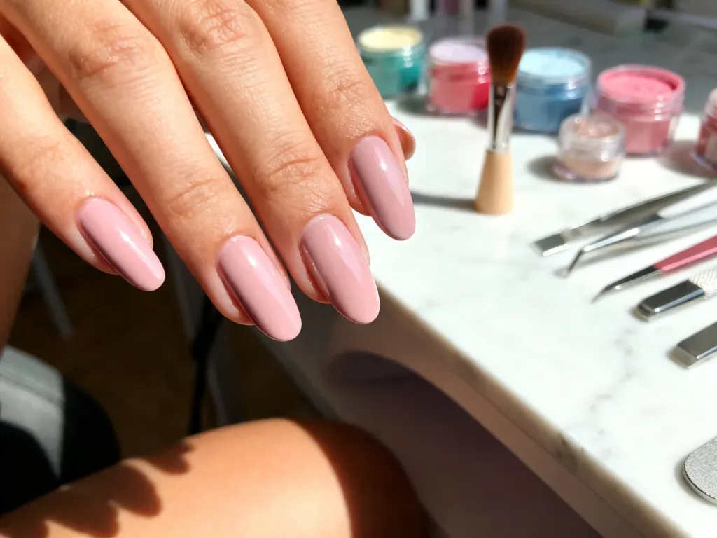 Dłoń z eleganckim manicure tytanowym w odcieniu pudrowego różu na tle profesjonalnych akcesoriów do stylizacji paznokci.
