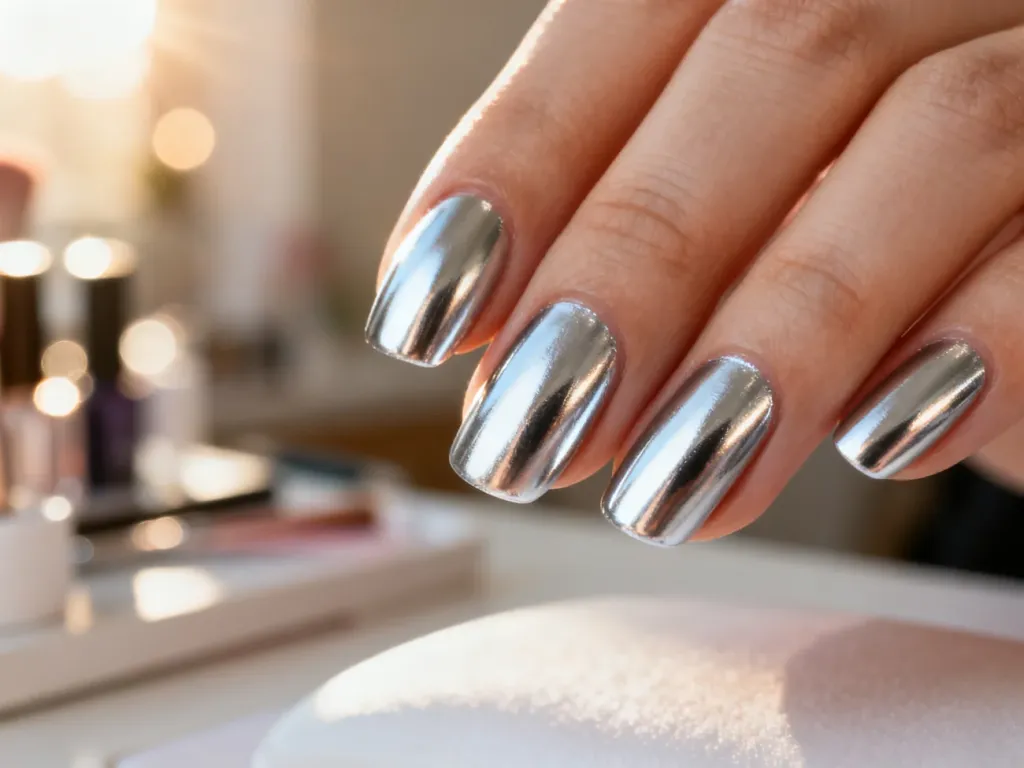 Dłonie z idealnie gładkim, srebrnym manicurem o lustrzanym połysku, odbijające światło słoneczne.