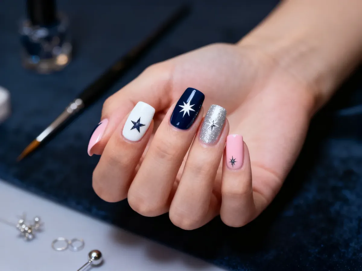Dłoń z eleganckim manicure ozdobionym gwiazdkami