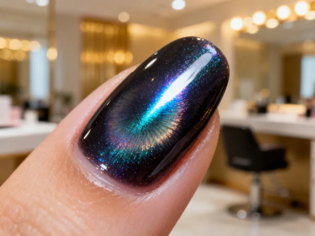 Zbliżenie na profesjonalny manicure z efektem cat eye, prezentujące głęboki magnetyczny połysk na płytce paznokcia.
