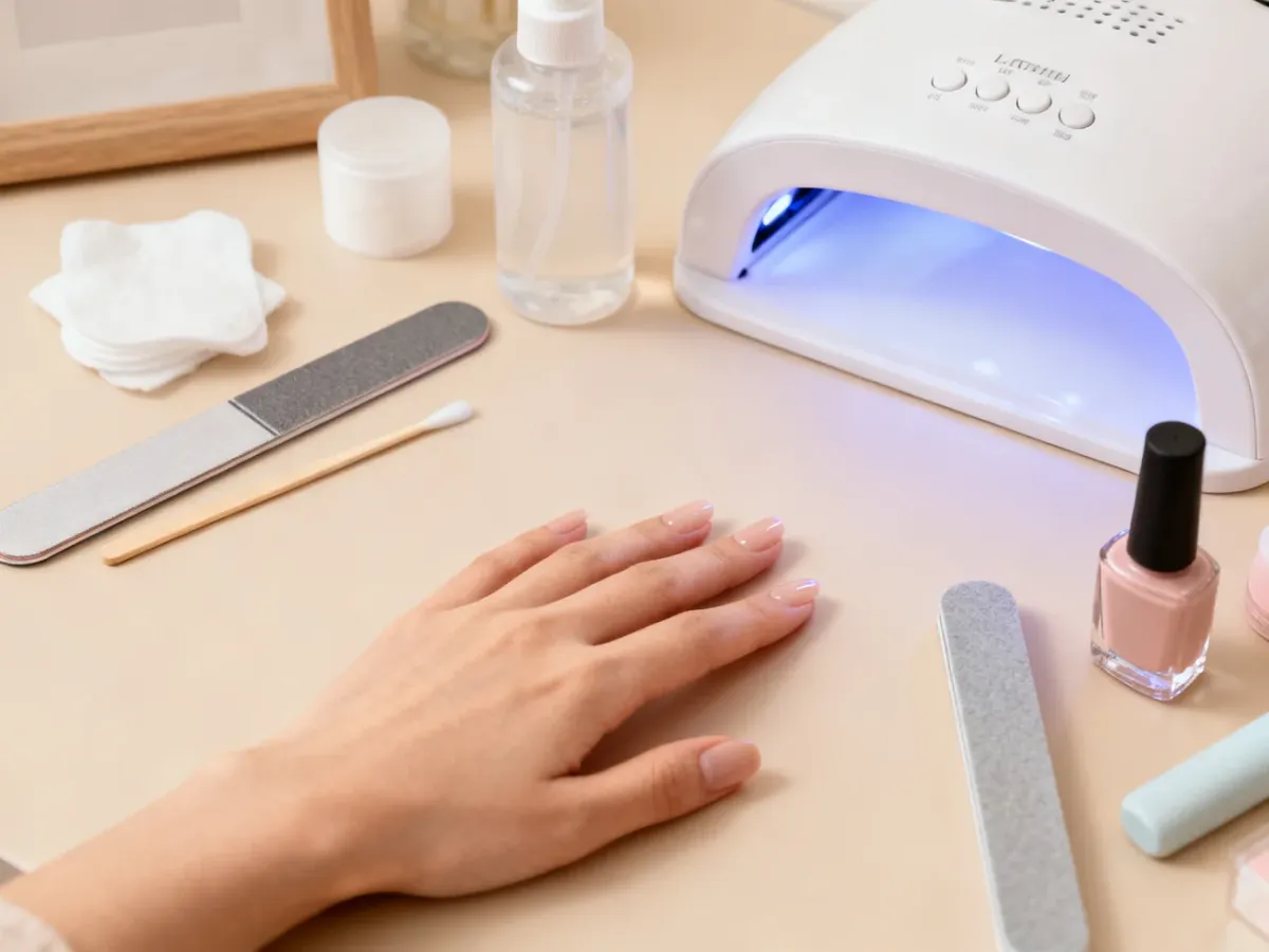Przygotowane paznokcie i akcesoria do manicure na jasnym stanowisku