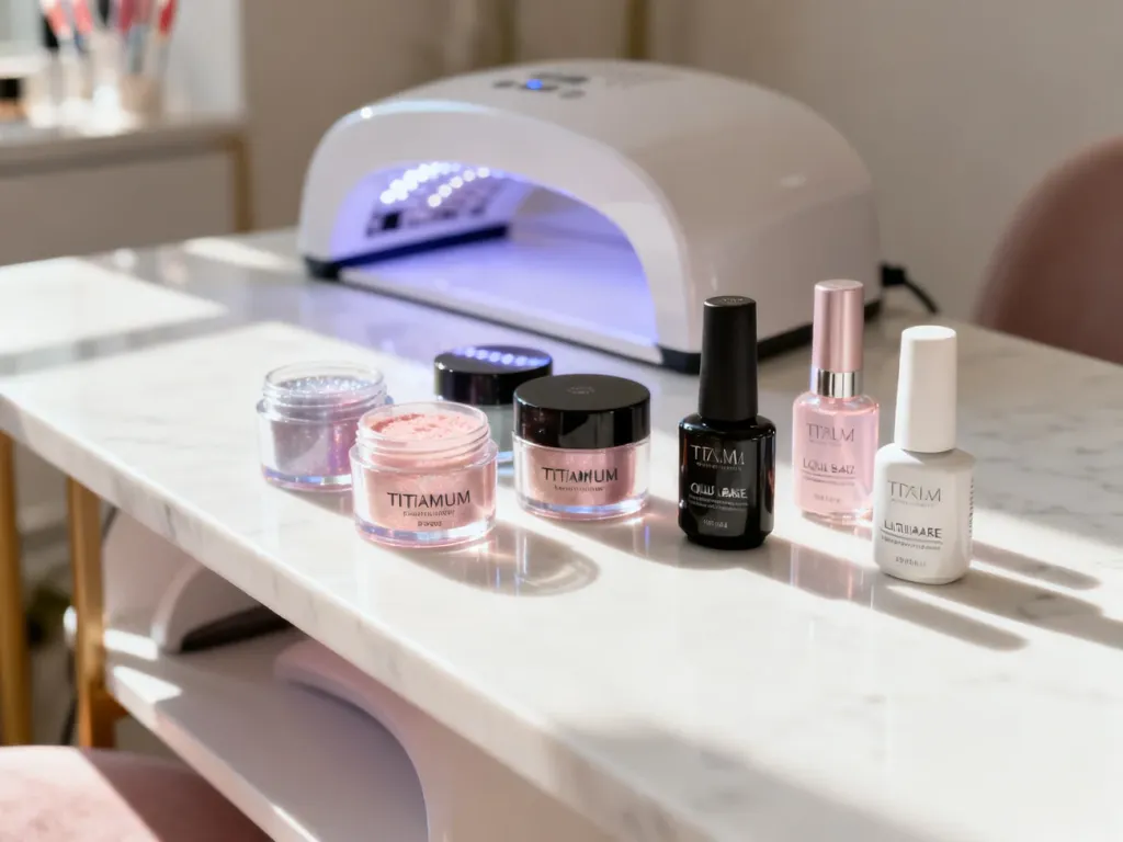 Zestaw profesjonalnych produktów do manicure tytanowego, w tym pudry, baza i aktywator, ułożone na marmurowym blacie.