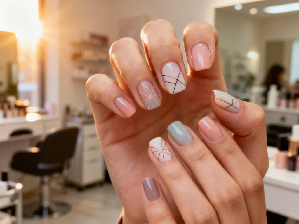 Zadbane dłonie z modnym, minimalistycznym manicure w pastelowych kolorach w słonecznym salonie kosmetycznym.