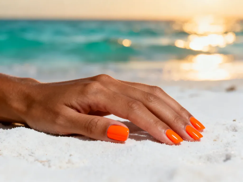 Dłoń z neonowym, pomarańczowym manicure na tle piaszczystej plaży i turkusowego oceanu, podkreślająca opaleniznę.
