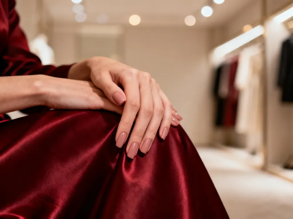 Eleganckie dłonie z manicure w odcieniu nude, spoczywające na czerwonej jedwabnej sukience.