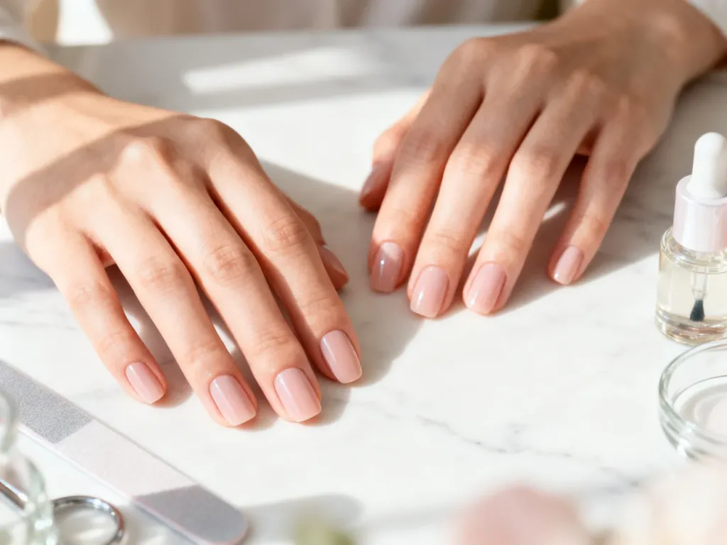 Zadbane dłonie z eleganckim manicure w pastelowym odcieniu na marmurowym blacie w profesjonalnym salonie kosmetycznym.