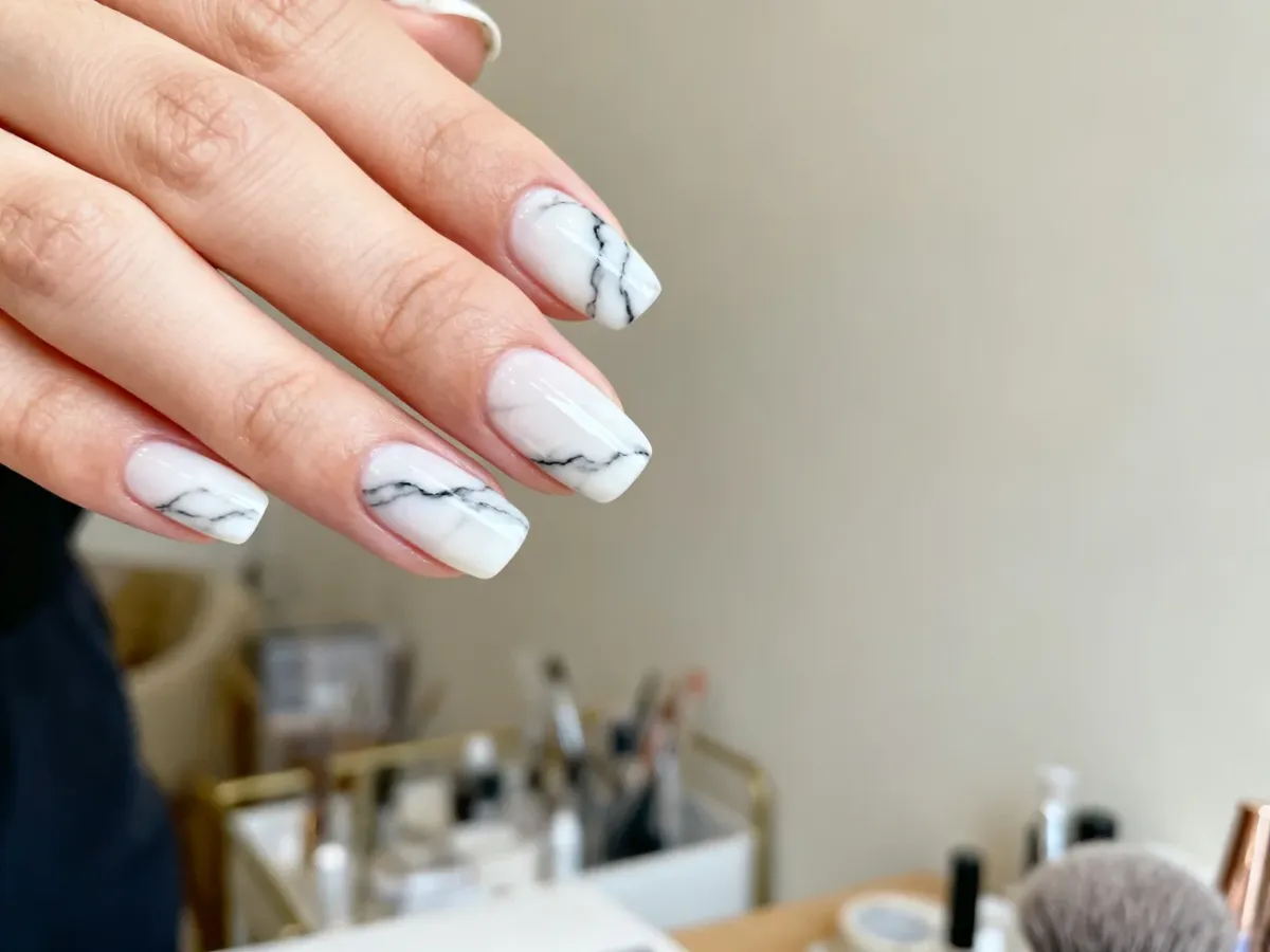 Dłoń z eleganckim marmurkowym zdobieniem na jasnych paznokciach