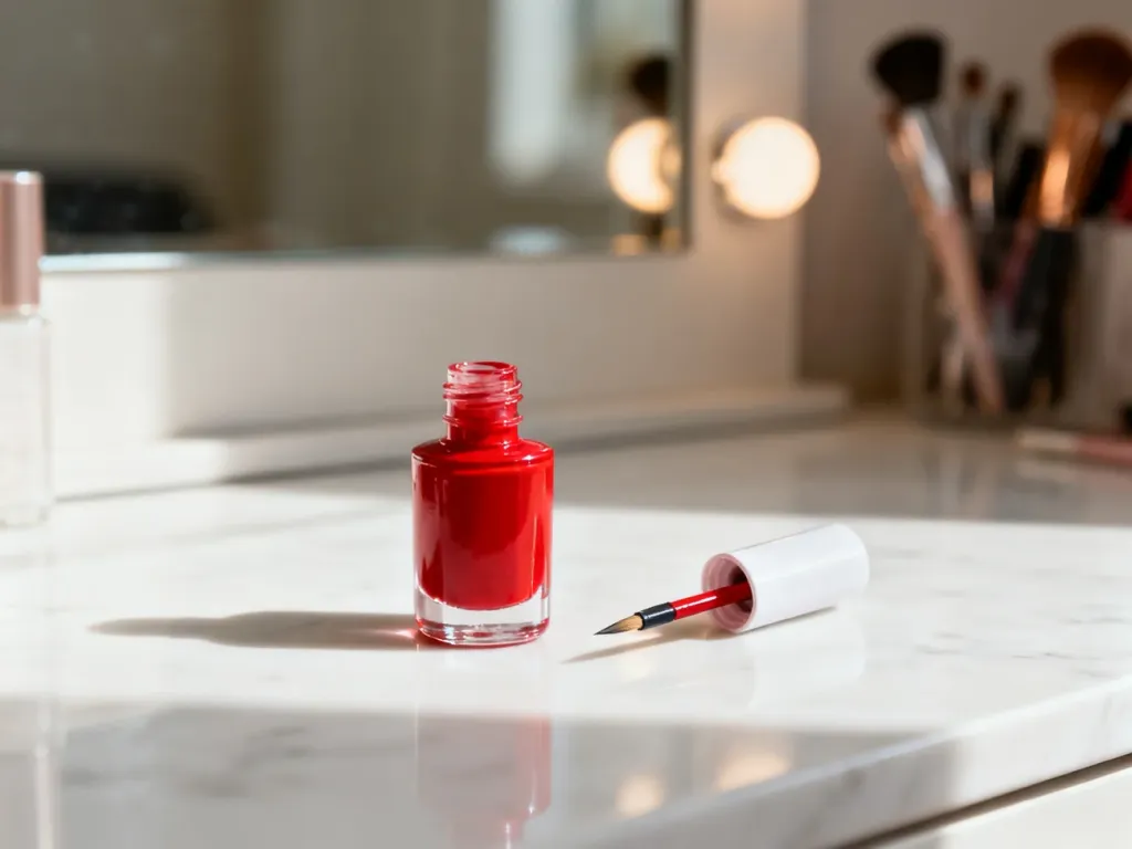 Korektor do paznokci i czerwony lakier na marmurowym blacie w profesjonalnym stanowisku do manicure.