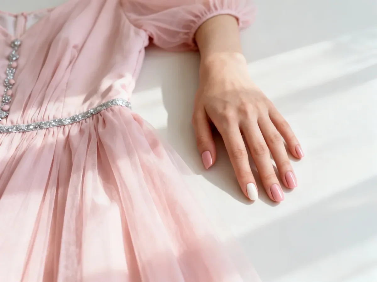 Różowa sukienka obok dłoni z delikatnym manicure w odcieniach nude i różu