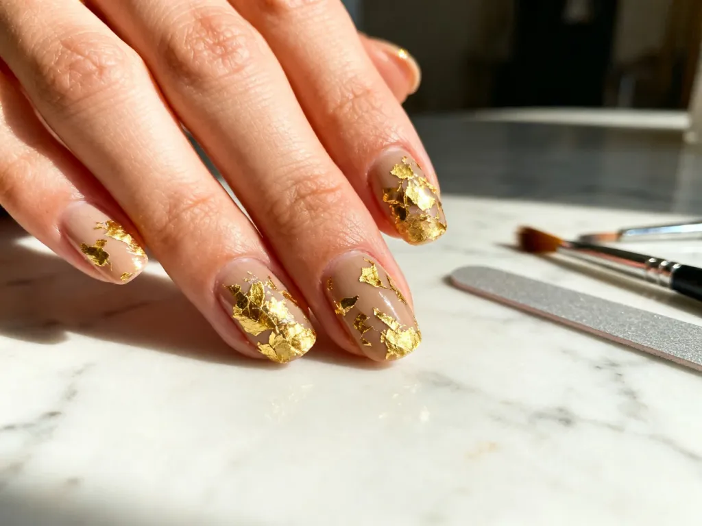 Eleganckie paznokcie z drobinkami złotej folii na neutralnym tle, obok których leżą profesjonalne akcesoria do manicure.