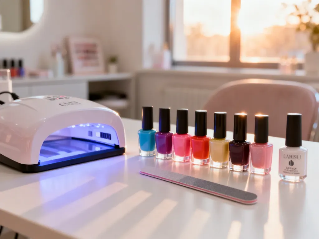 Zestaw akcesoriów do manicure hybrydowego: lakiery, pilnik oraz lampa UV przygotowane do zabiegu na profesjonalnym stanowisku.