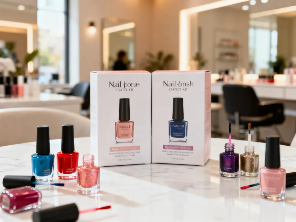 Zestawy startowe do manicure hybrydowego marek NeoNail i Semilac ustawione obok siebie na marmurowym blacie.