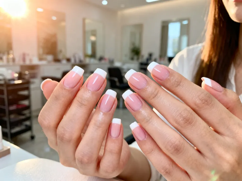 Zadbane dłonie z perfekcyjnym manicure typu ombre french z płynnym przejściem od różu do bieli na końcówkach paznokci.