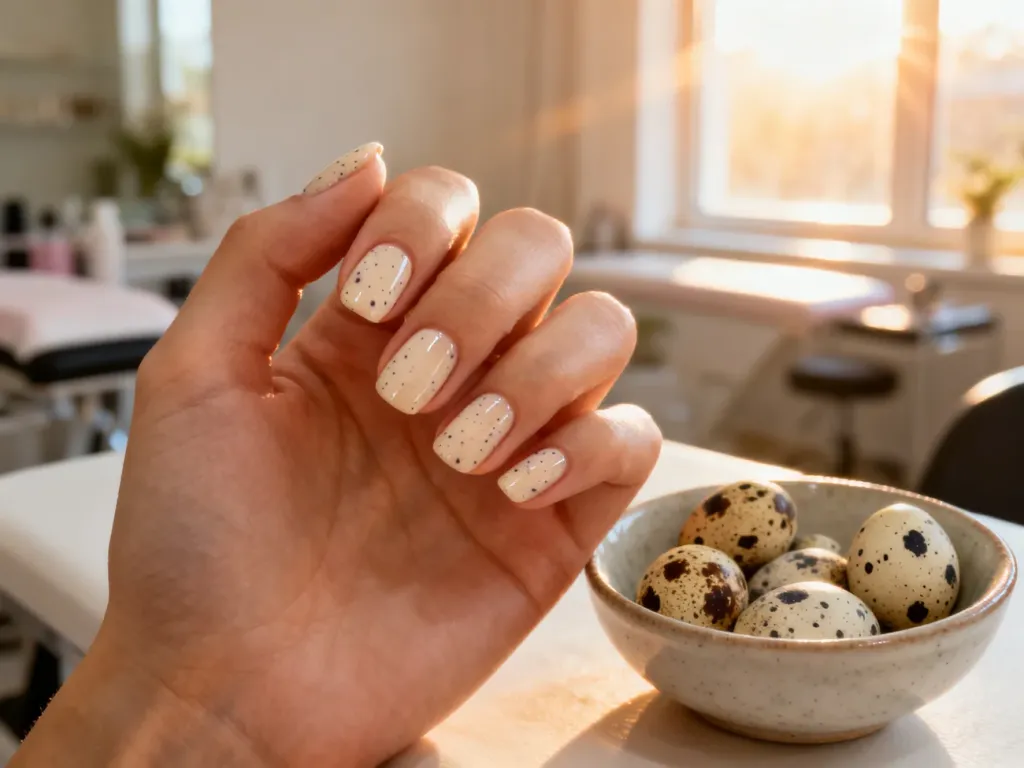 Dłoń z manicurem w stylu „przepiórczego jajka” oraz dekoracyjne jajka obok, prezentujące efekt nakrapianych paznokci.