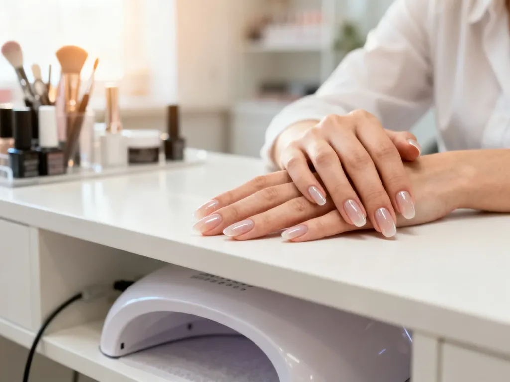Zadbane dłonie z eleganckim manicure żelowym na profesjonalnym stanowisku w salonie kosmetycznym.