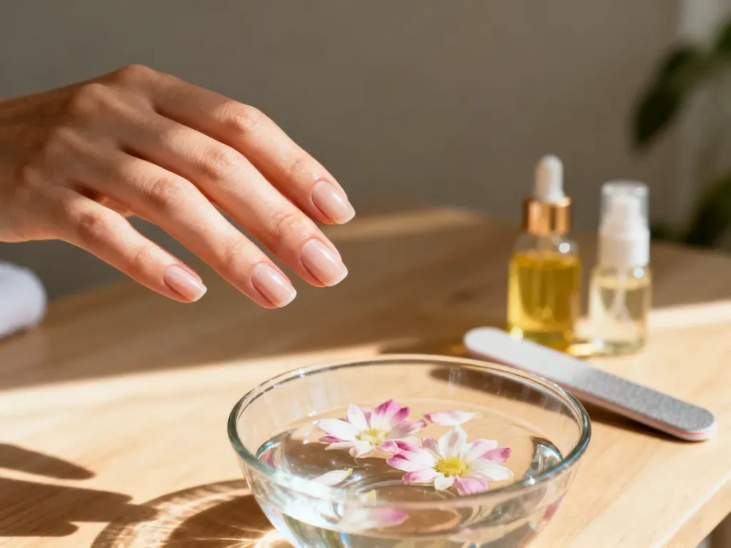 Zadbane, naturalne paznokcie w minimalistycznym spa, symbolizujące zdrową regenerację płytki po manicure hybrydowym.