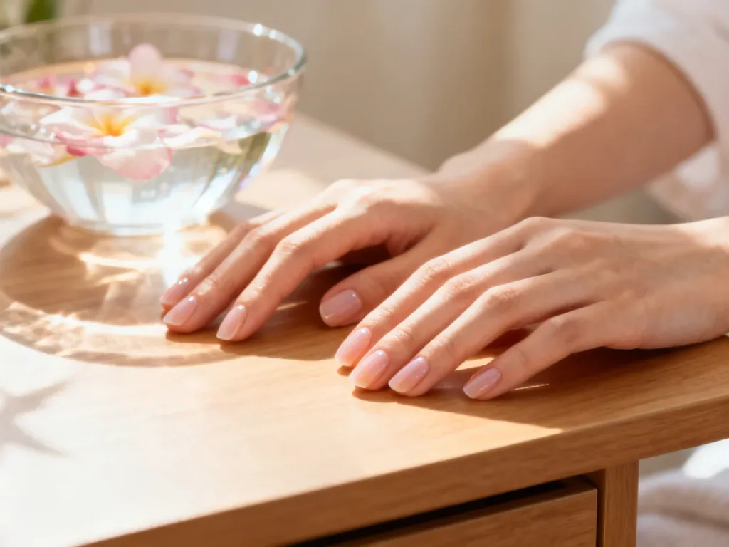 Zadbane, zdrowe paznokcie w estetycznym otoczeniu, nawiązującym do domowego spa.