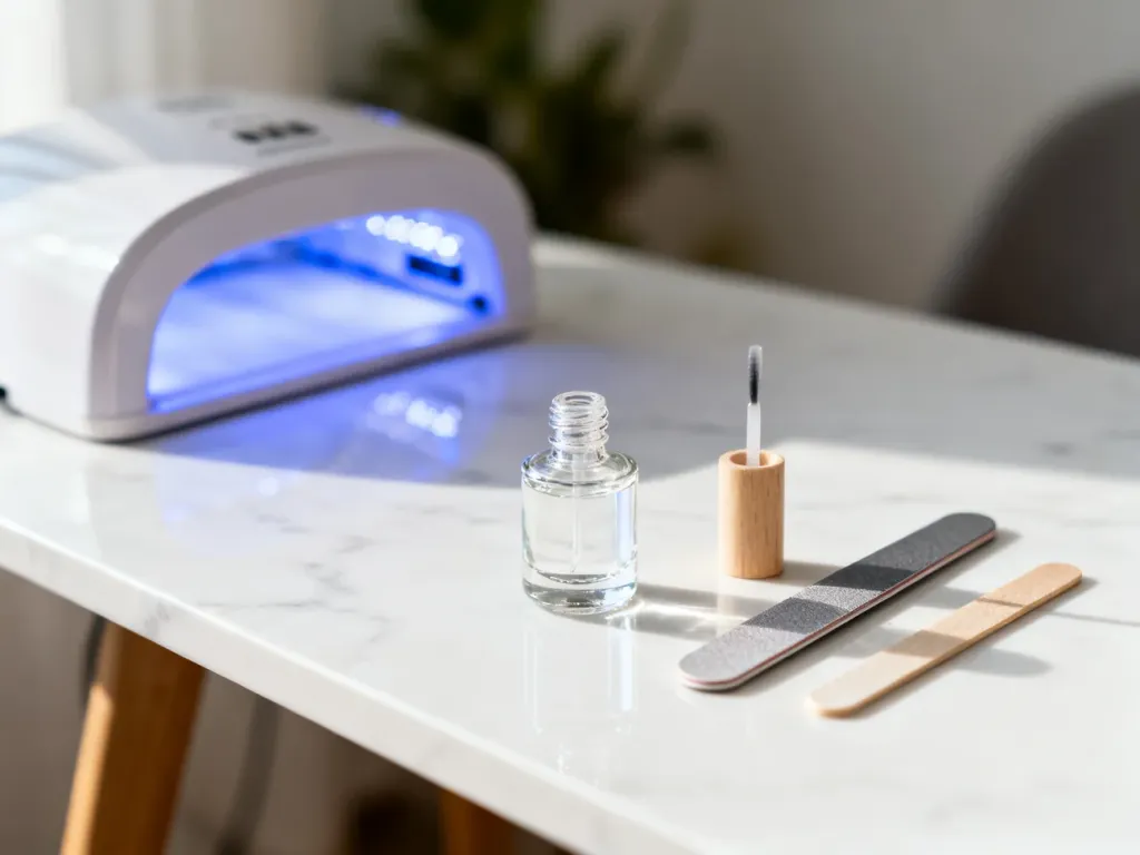 Profesjonalne narzędzia do manicure i baza hybrydowa przygotowane na marmurowym blacie obok lampy UV/LED.