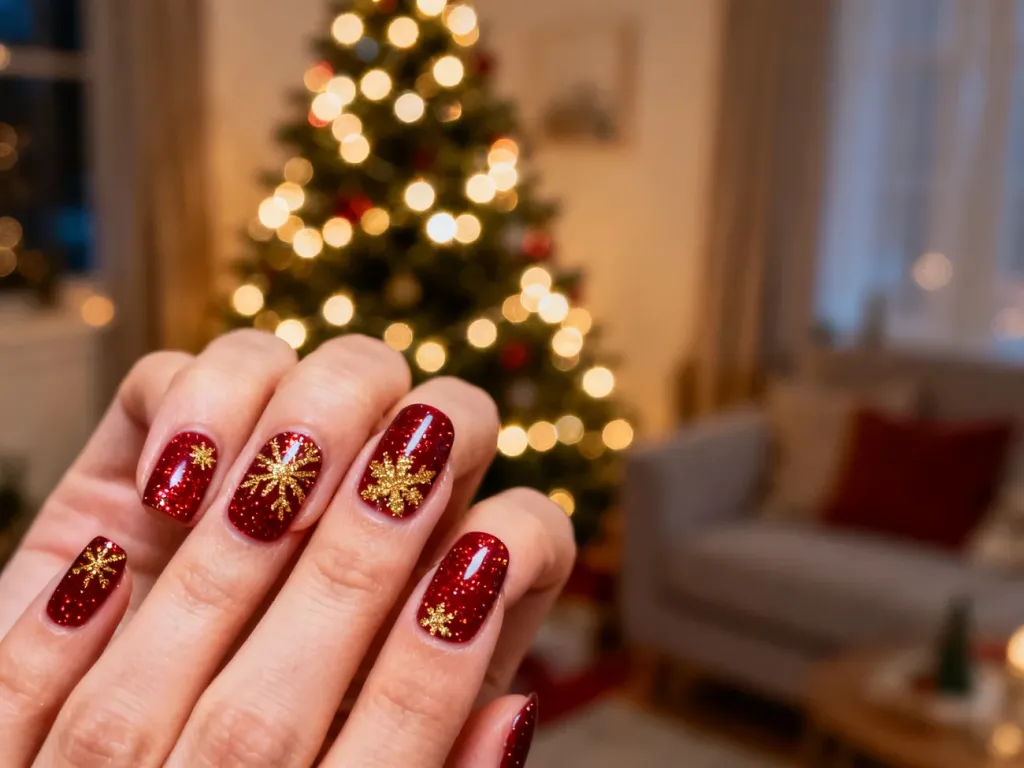 Świąteczny manicure w kolorze głębokiej czerwieni ze złotym brokatem na tle rozmytej choinki z ciepłymi światełkami.