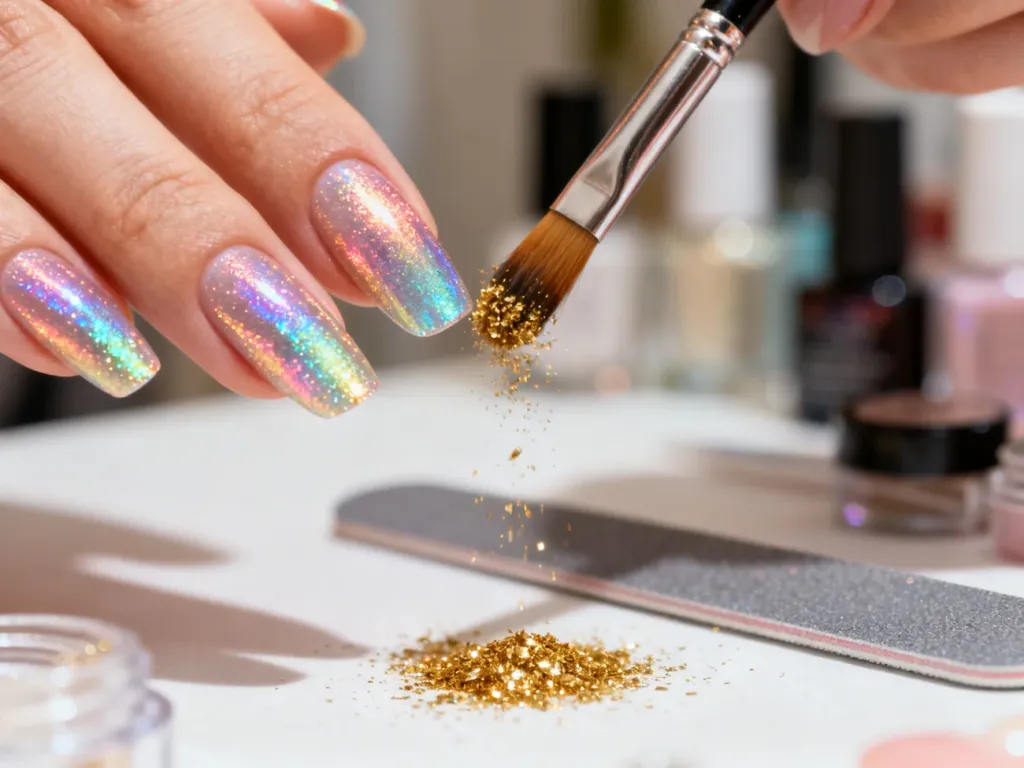 Pędzelek nakładający złoty brokat na paznokcie z holograficznym gradientem w profesjonalnym salonie manicure.