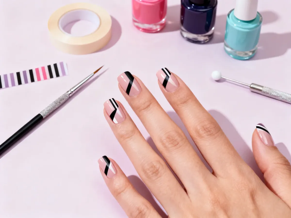 Manicured nails with contrasting geometric stripe designs and nail-art tools