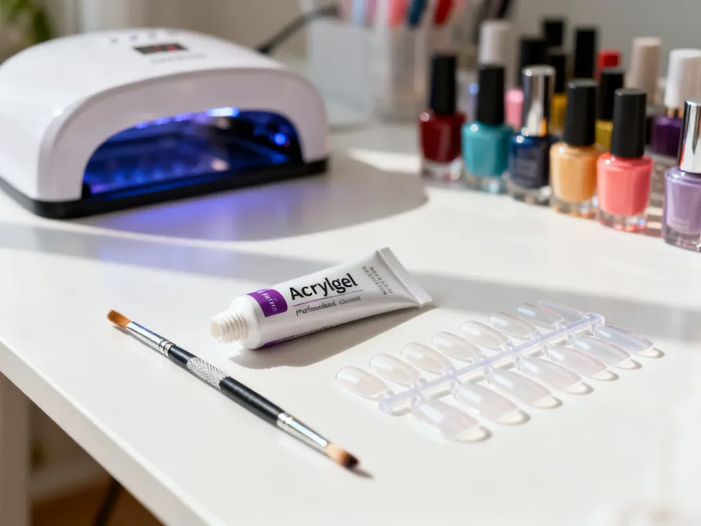 Zestaw produktów do manicure metodą Duo Acrylgel: tubka żelu, pędzelek i formy na białym, profesjonalnym stanowisku pracy.