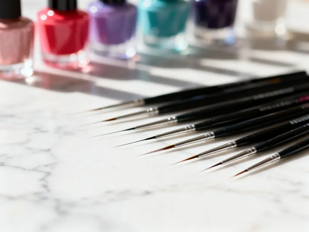 Profesjonalne pędzelki typu liner do zdobień paznokci ułożone na marmurowym blacie w salonie kosmetycznym.