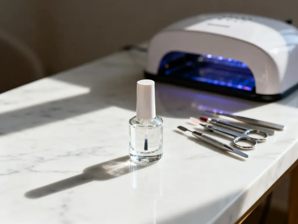 Szklana buteleczka primera do paznokci na marmurowym blacie w otoczeniu profesjonalnych narzędzi do manicure.