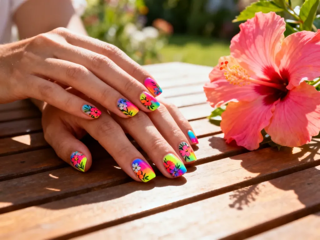 Dłonie z letnim manicure w neonowych kolorach i kwiatowe wzory na tle kwitnącego hibiskusa.