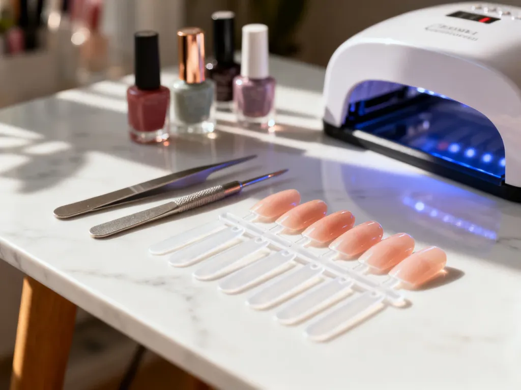 Zestaw form do przedłużania paznokci oraz tipsy ułożone na marmurowym blacie w profesjonalnym salonie manicure.