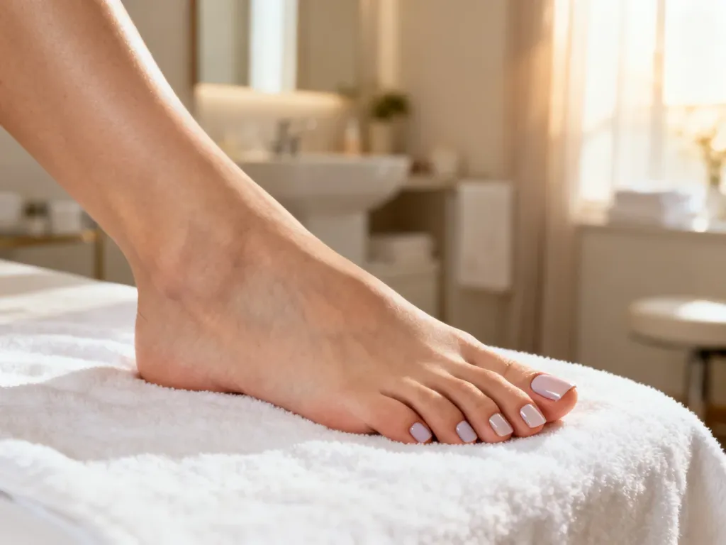 Zadbana kobieca stopa z eleganckim pedicure w pastelowym kolorze, spoczywająca na białym ręczniku w klimatycznym salonie spa.