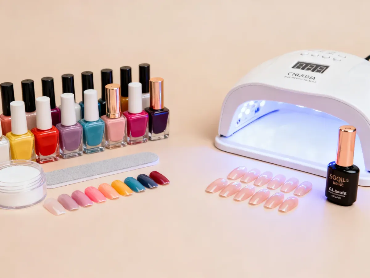 Porównanie akcesoriów do lakieru klasycznego i hybrydowego na stanowisku do manicure