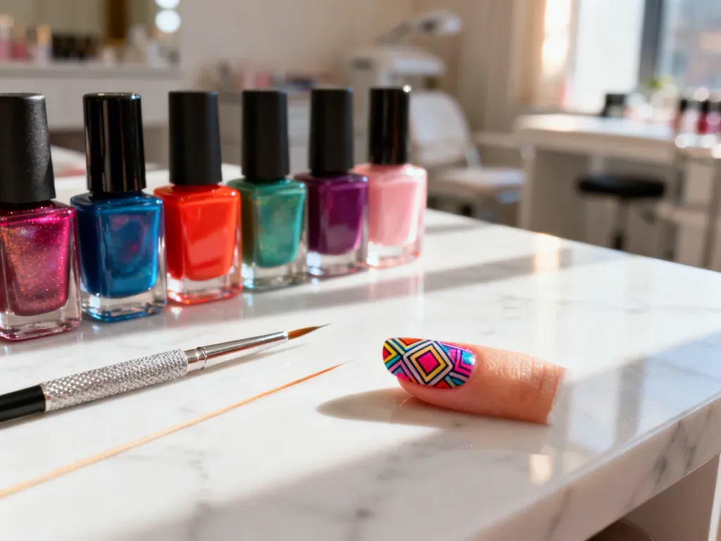 Kolorowe lakiery, pędzelki i precyzyjnie zdobiony paznokieć na marmurowym blacie, gotowe do wykonania manicure w domu.