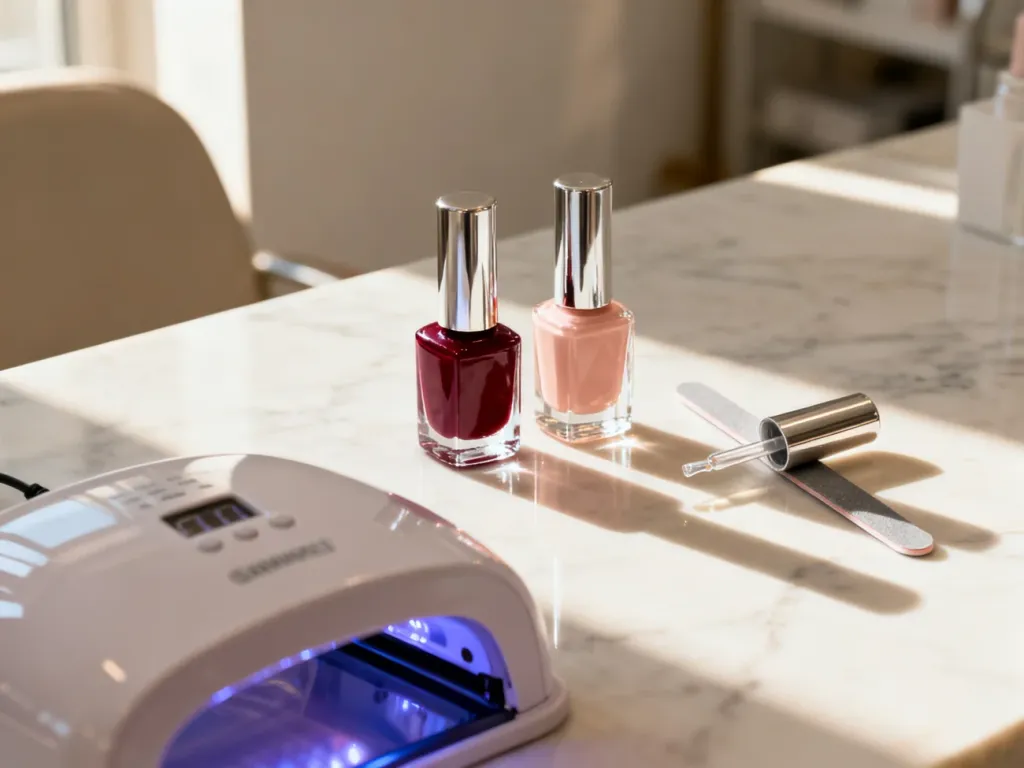 Profesjonalne stanowisko do manicure z lakierami, lampą UV i akcesoriami na marmurowym blacie w świetle poranka.