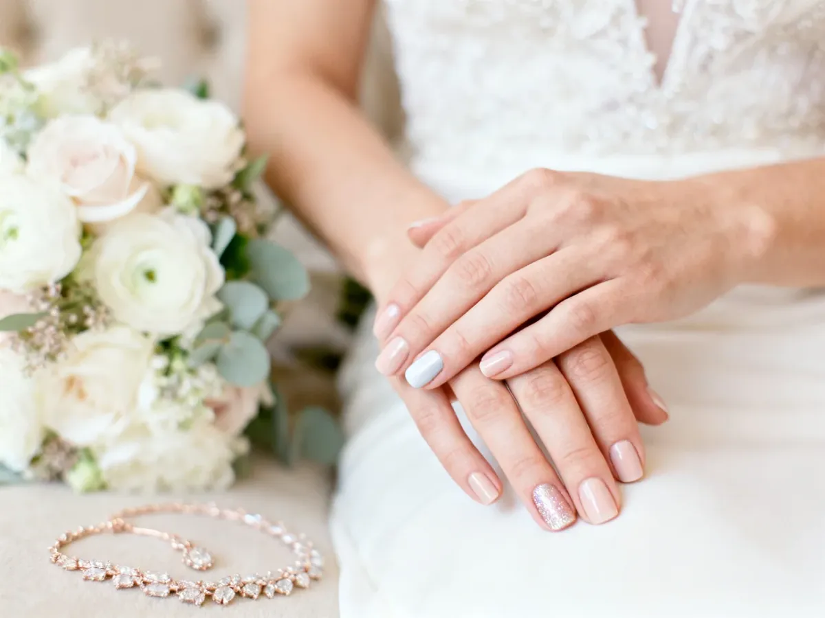 Dłonie panny młodej z eleganckim manicure w stylu Baby Boomer