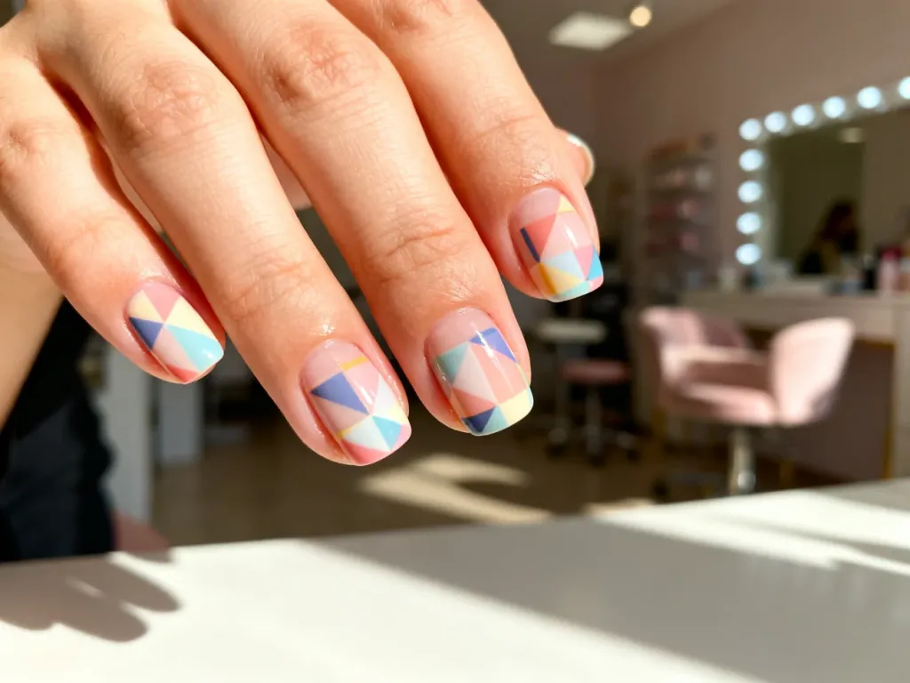 Dłoń z profesjonalnym manicure w geometryczne wzory i błyszczącym wykończeniu, prezentująca najnowsze trendy w stylizacji.
