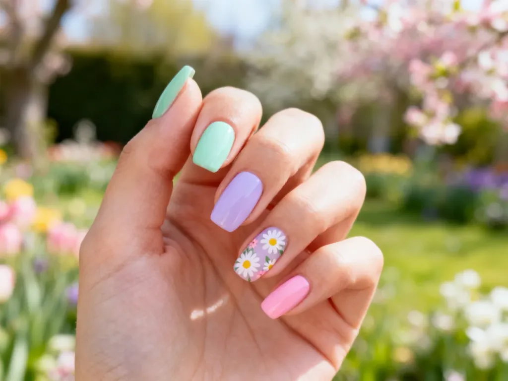 Dłoń z wiosennym manicure w pastelowych kolorach z motywem stokrotek na tle rozmytego ogrodu.