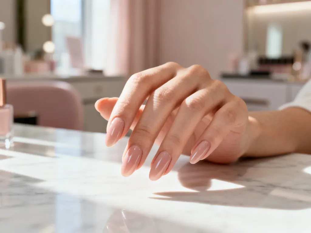 Dłoń z paznokciami w kształcie migdałków pomalowanymi lakierem w kolorze nude na minimalistycznym marmurowym tle.